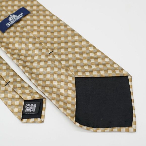 Stafford Tan Brown Plaid Print Wide Silk Tie - Picture 5 of 6